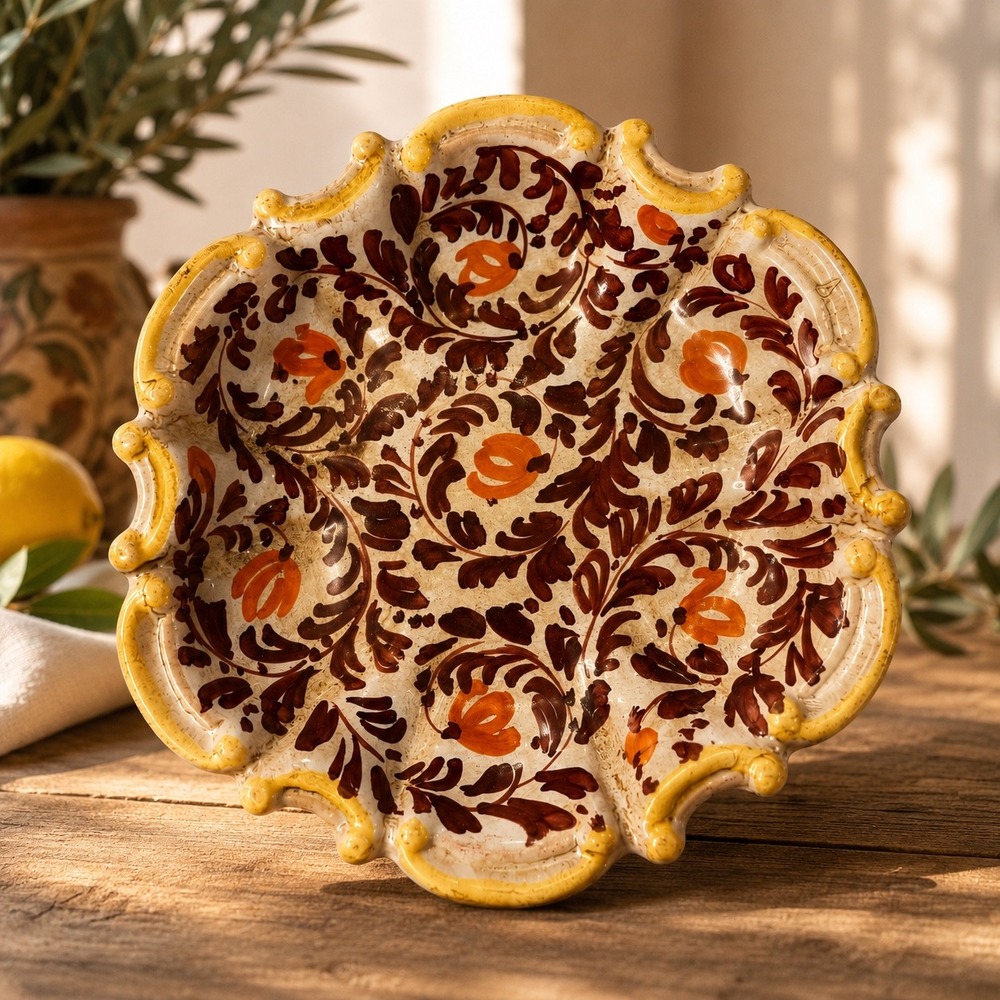 Heiselman Imports Italian Pottery Scalloped Bowl Tuscan Boho Amalfi Retro Sz M
